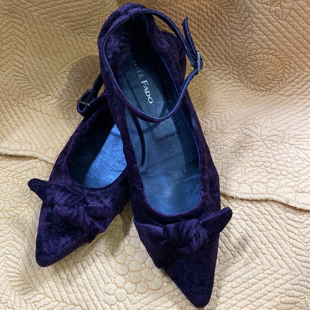 Vintage Adele Fado Velvet Flat With Ankle Strap And Bow Detail EUC